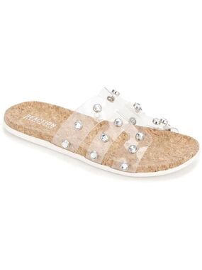 Kenneth Cole Clear Slim H Band Stud Cork Platform Flat Slip On Sandals Slides